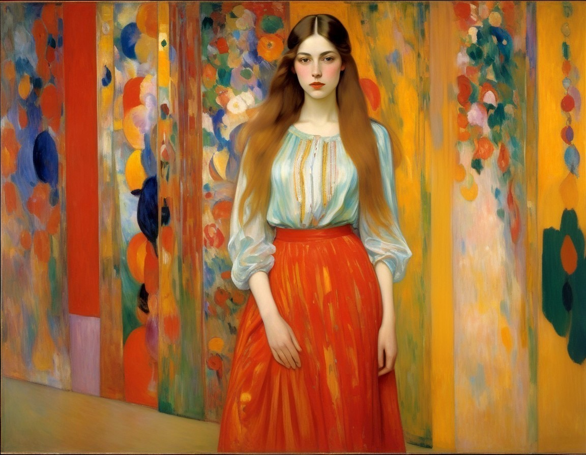 Young woman in blue blouse and red skirt against abstract patterns