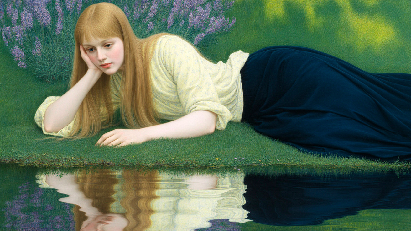 Young Woman by Calm Pond Surrounded by Lavender Flowers