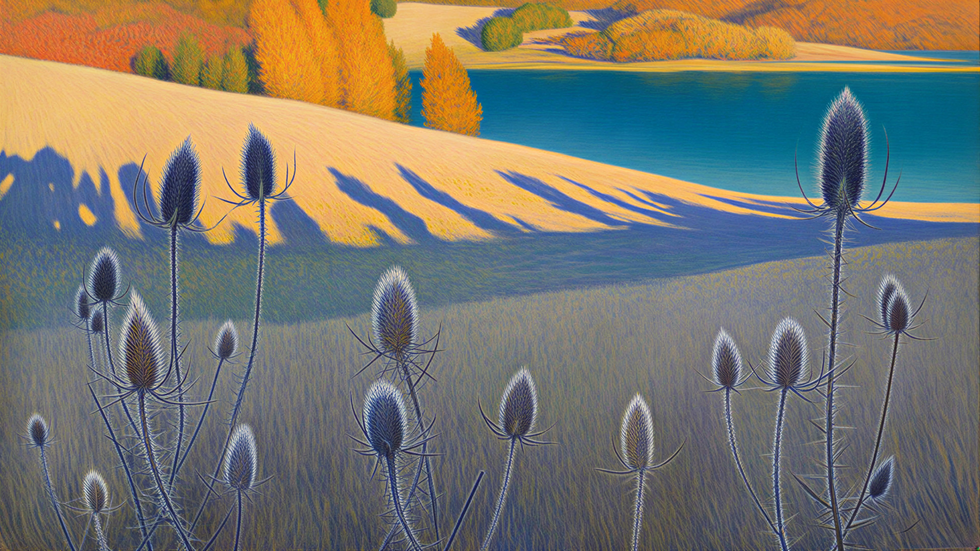 Vibrant Landscape with Rolling Hills and Water Body