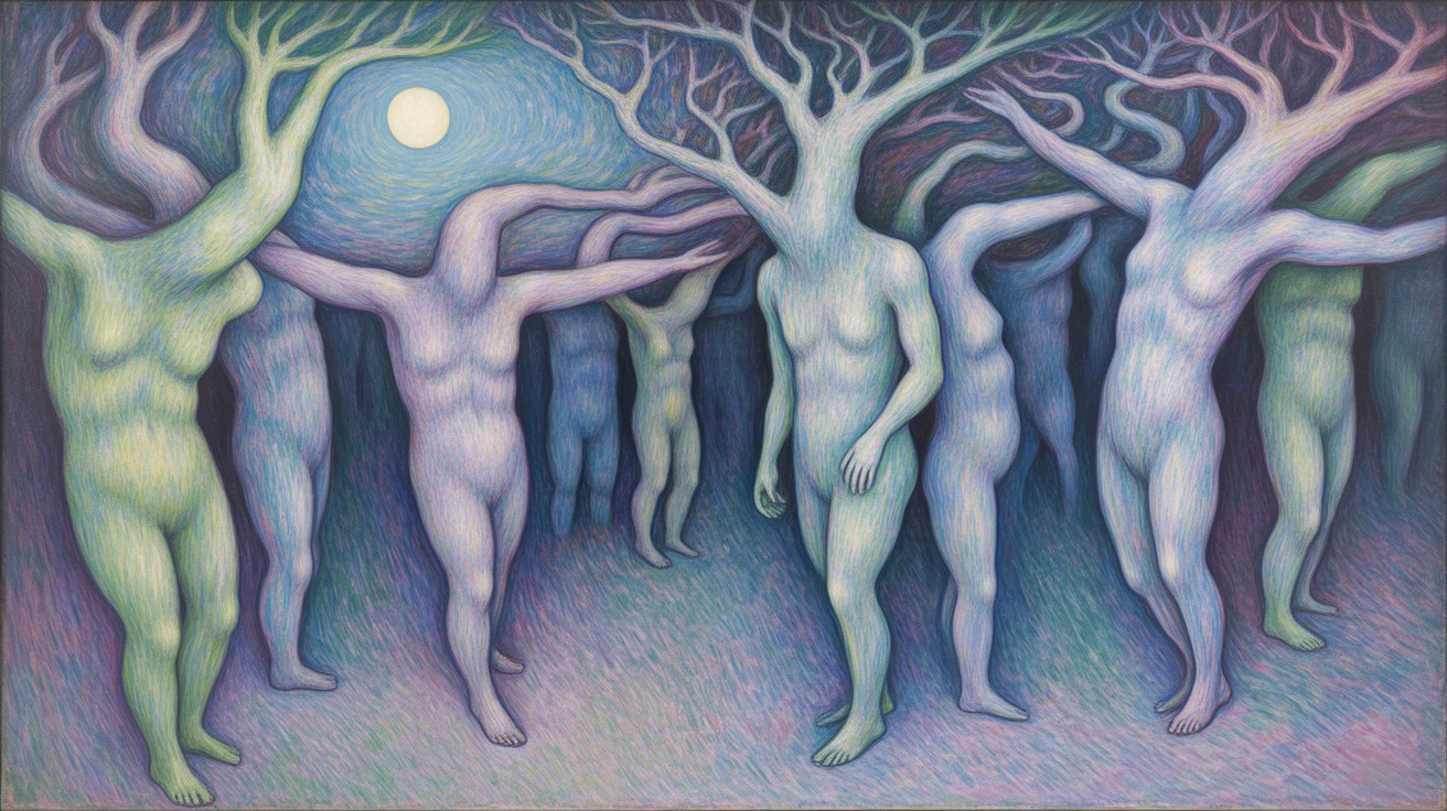 Ethereal Figures with Tree-Like Limbs in Twilight Scene