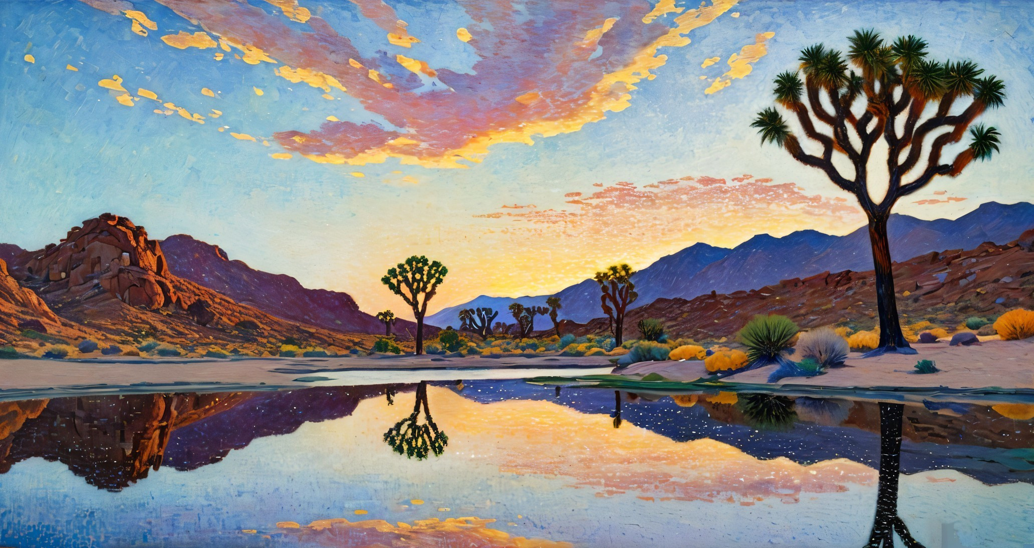 Vibrant Desert Landscape with Sunset and Reflective Pond