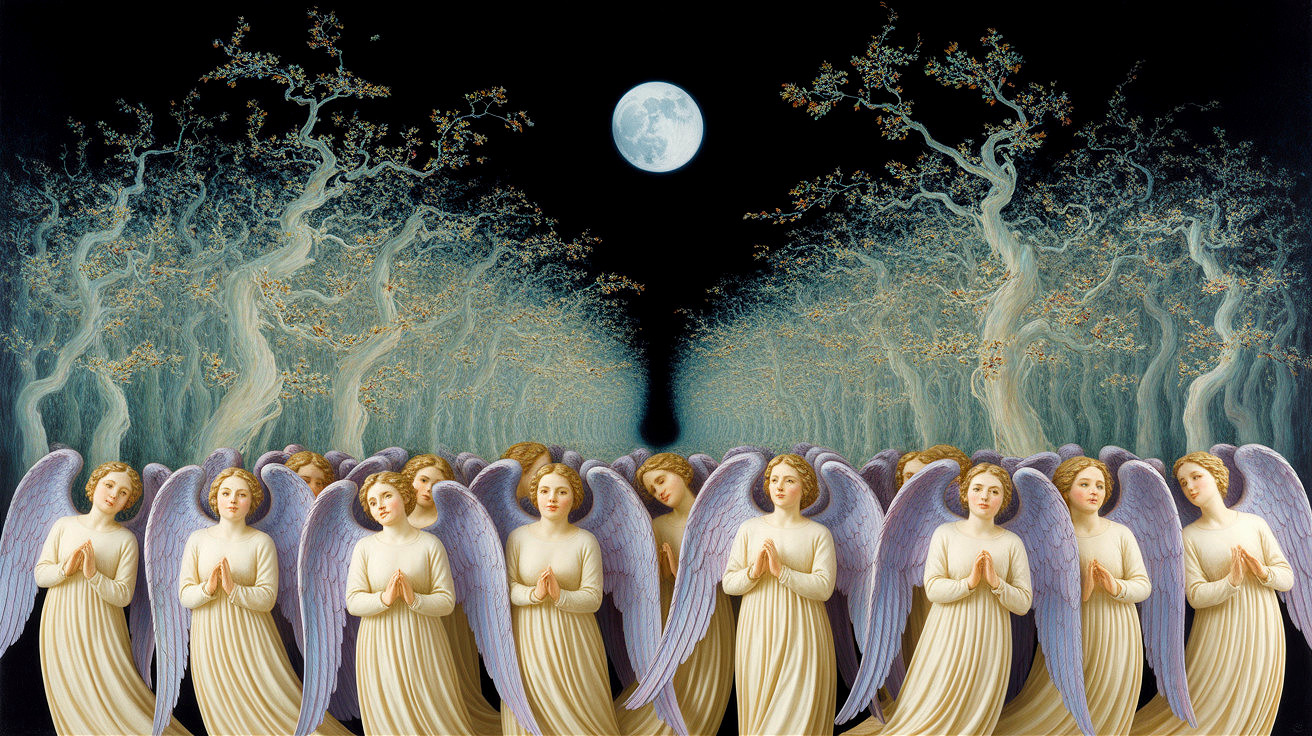 Angels in Prayer Beneath a Luminous Full Moon