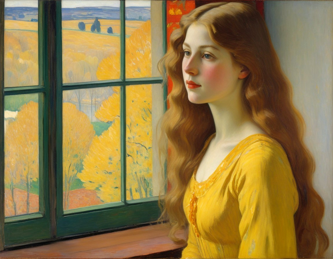 Young Woman in Yellow Dress by Autumn Window