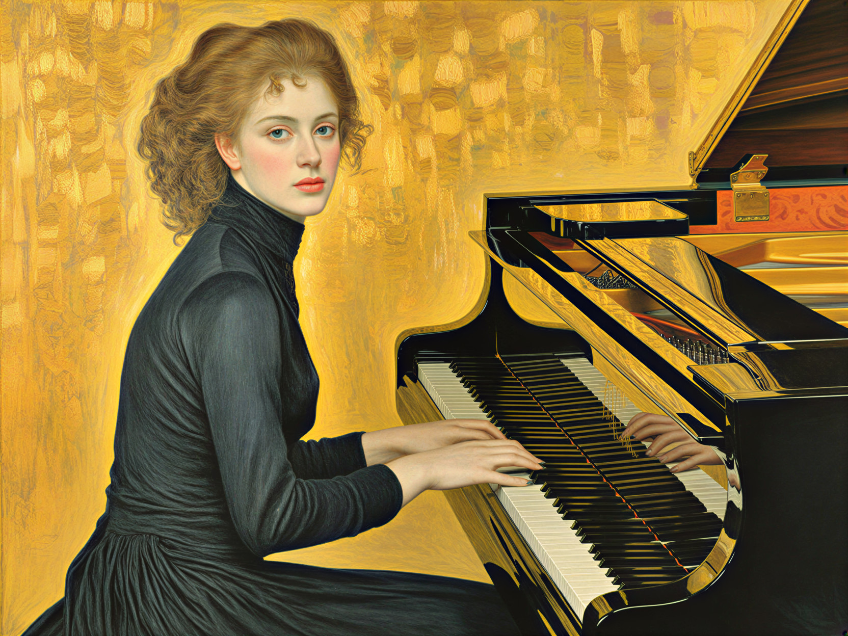 Young Woman at Grand Piano in Warm Golden Setting