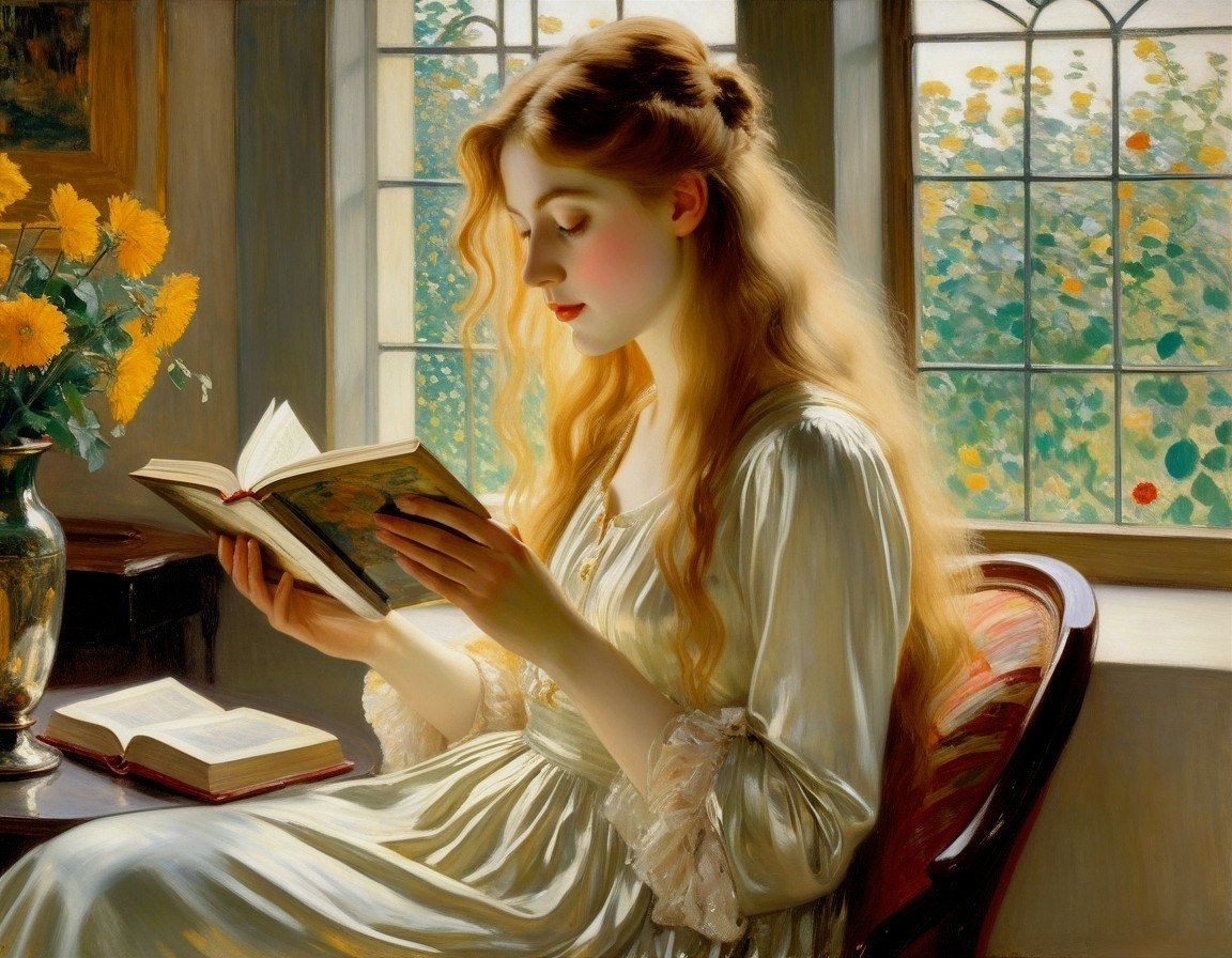 Young Woman Reading by a Sunlit Window with Flowers