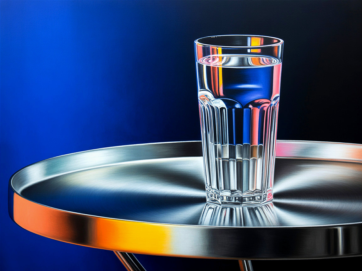 Clear Glass of Water on Shiny Silver Tray