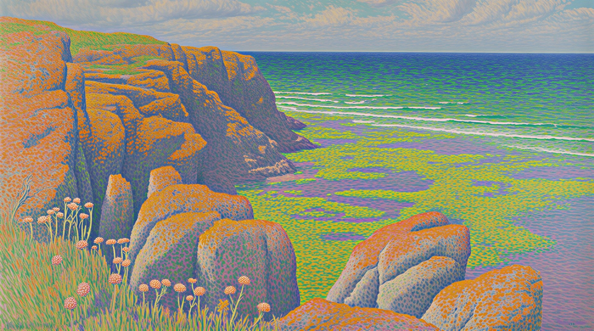 Vibrant Coastal Scene with Rugged Cliffs and Ocean