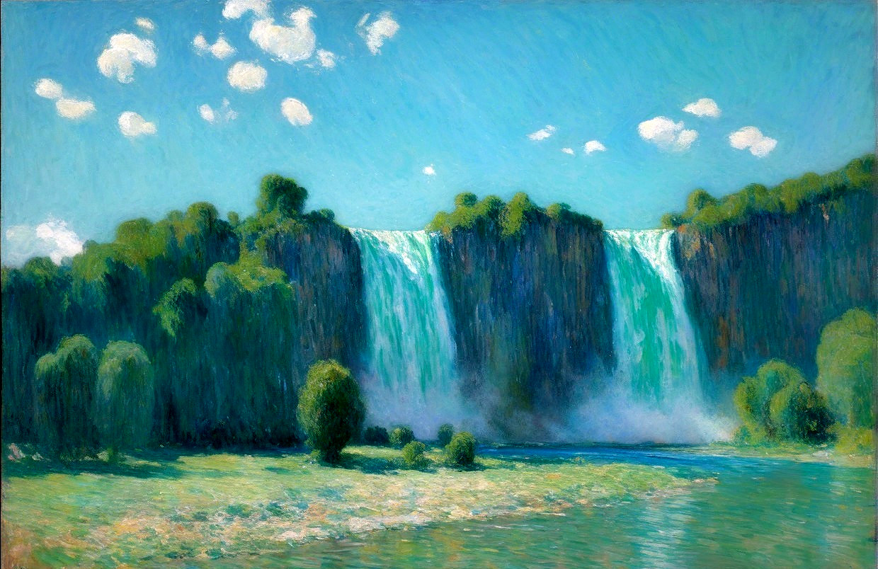 Vibrant Landscape with Waterfall and Lush Greenery