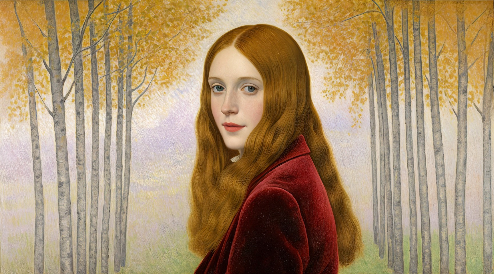 Young Woman in Red Coat in Autumn Birch Forest