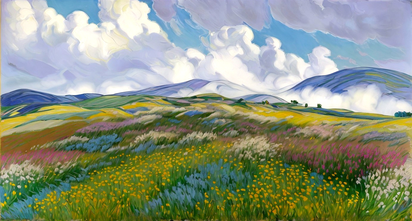 Vibrant landscape with colorful wildflowers and hills