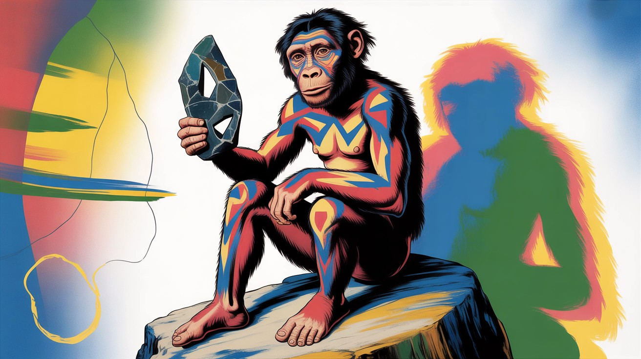 Stylized monkey with stone mask and vibrant patterns