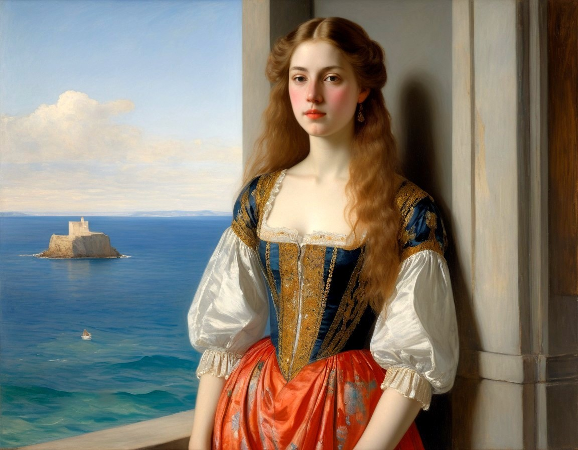 Young Woman by Window with Coastal Landscape View