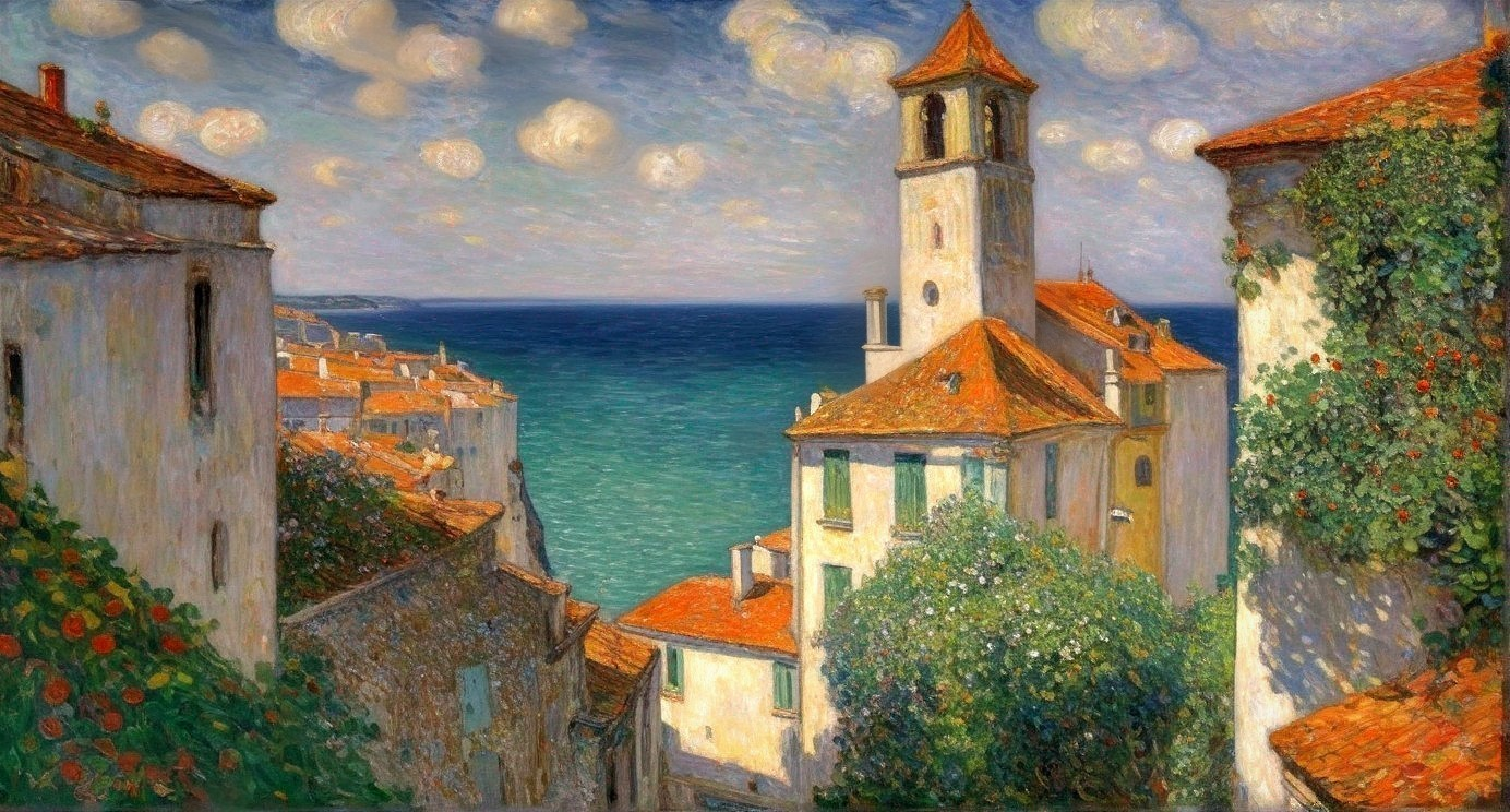 Coastal Scene with White Buildings and Clock Tower