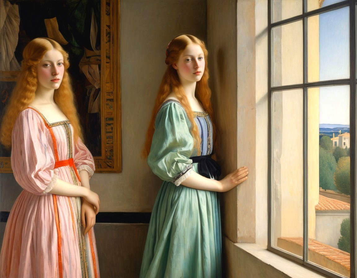 Young Women by a Window in Serene Landscape