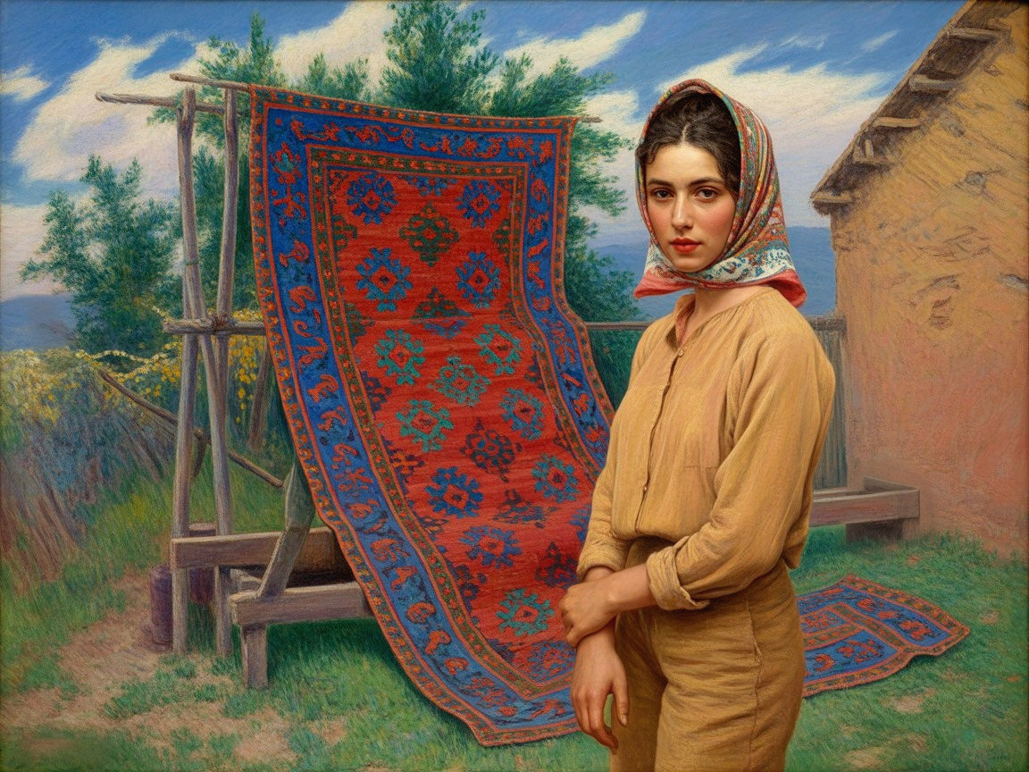 Young Woman Posing with Colorful Carpet in Nature