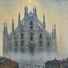Gothic Cathedral with Spires in Misty Landscape