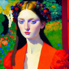 Young Woman in Red Dress Surrounded by Colorful Garden