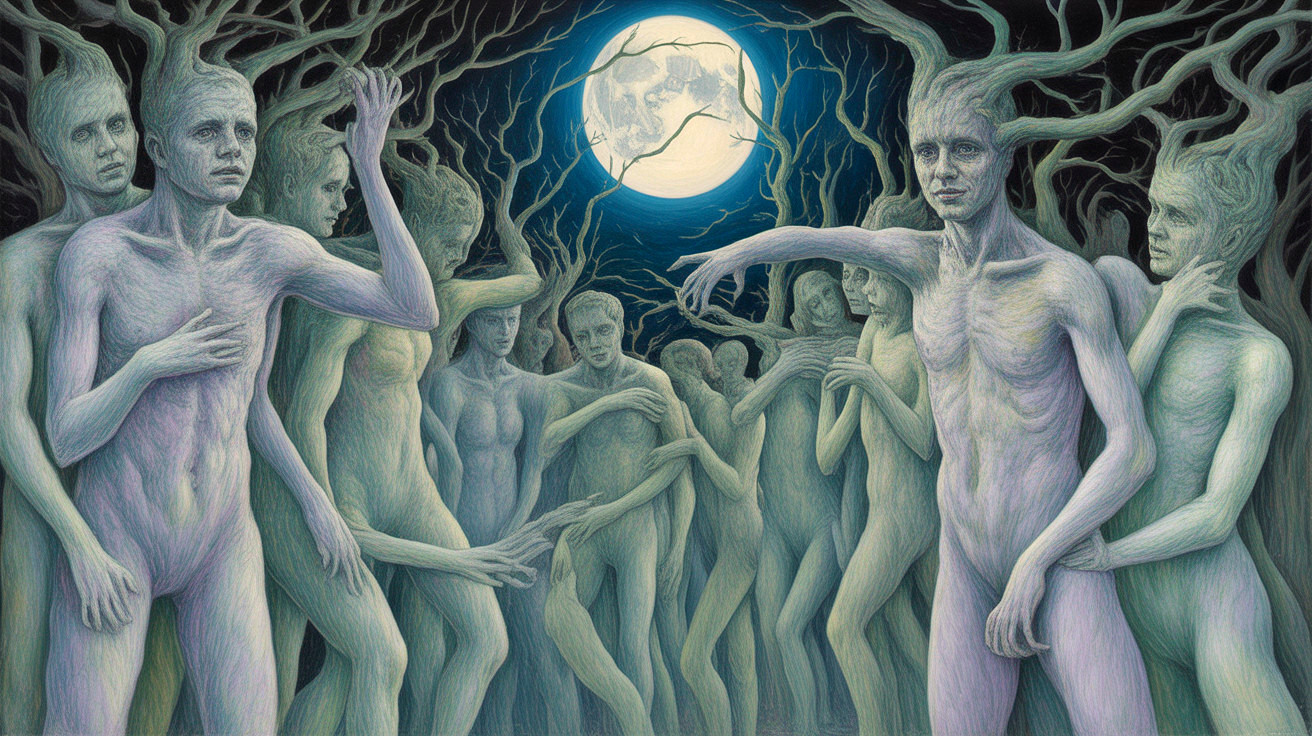 Ethereal Figures in a Moonlit Forest Setting