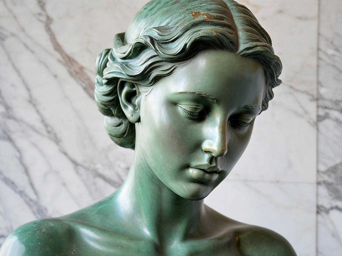 Green Bust Sculpture with Serene Expression and Detail