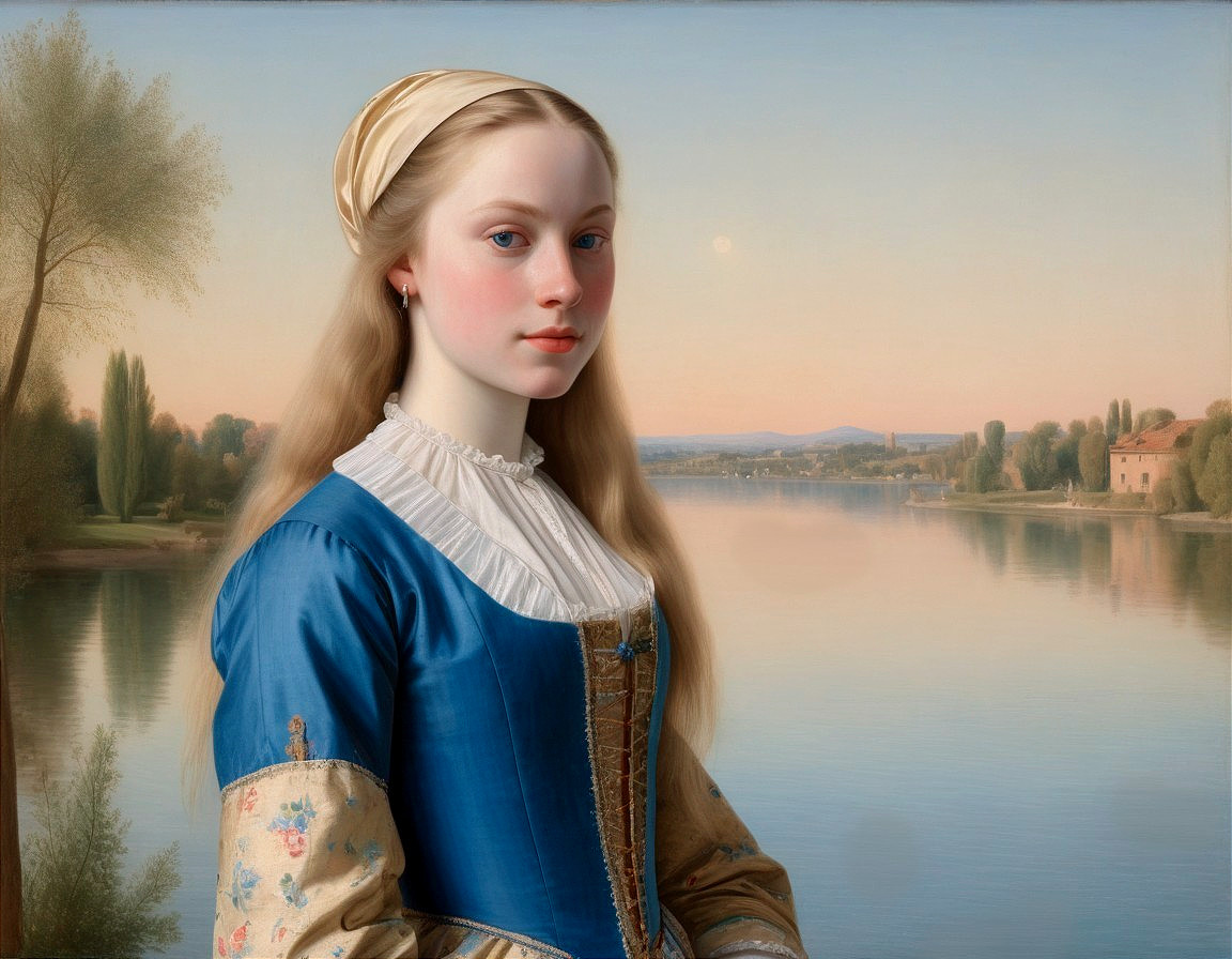 Young woman in blue dress by calm river at dusk
