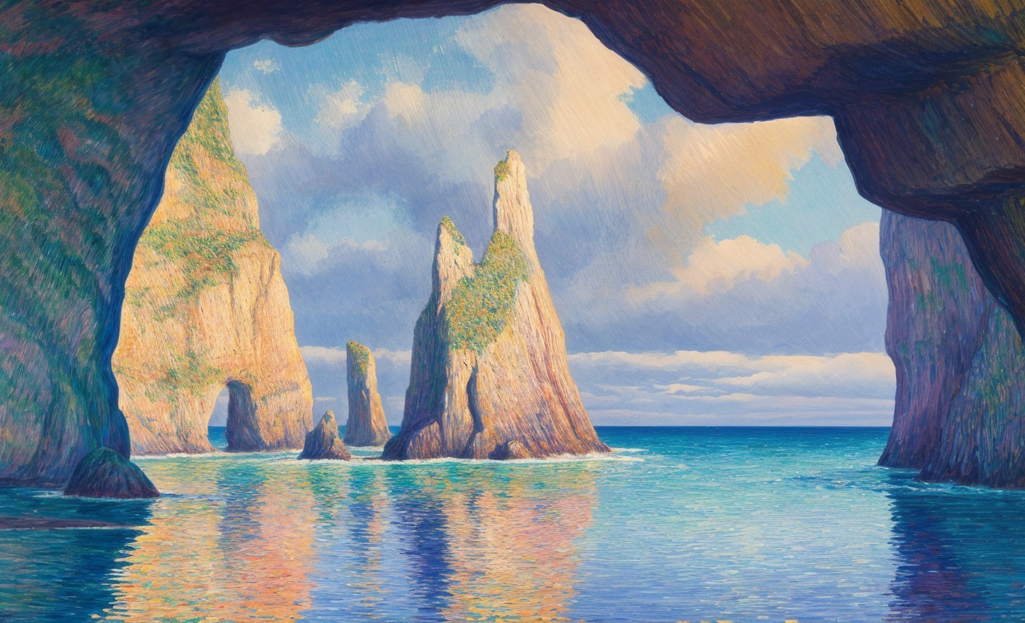 Coastal Scene Through Rocky Archway with Calm Waters