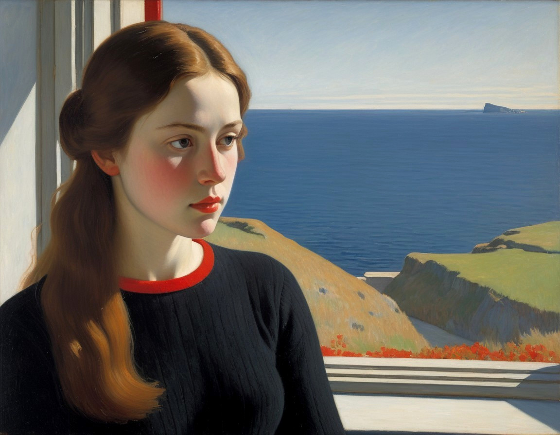 Young Woman Contemplating a Seascape by a Window
