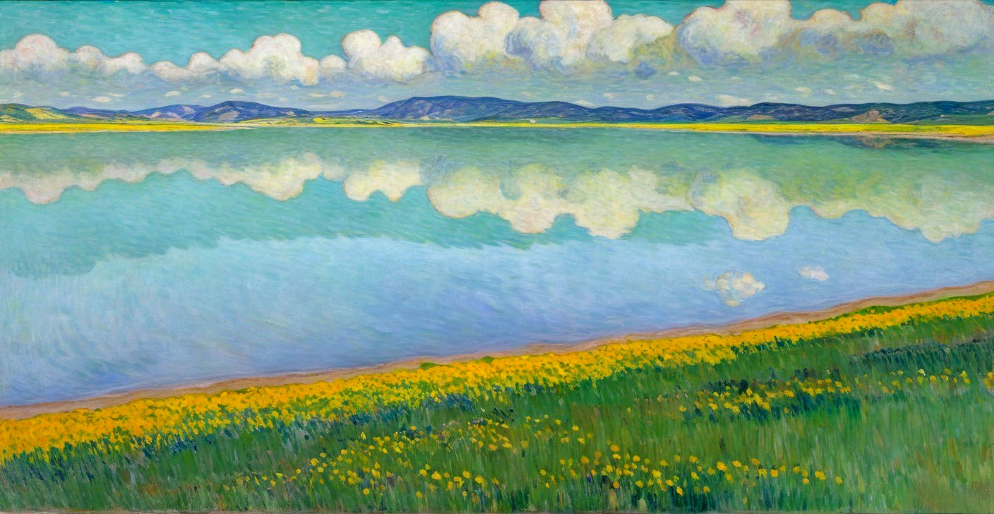 Tranquil Lake Landscape with Mountains and Blue Sky
