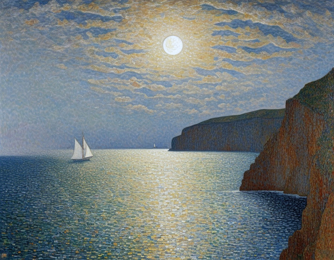 Serene Night Seascape with Moonlit Sailboat