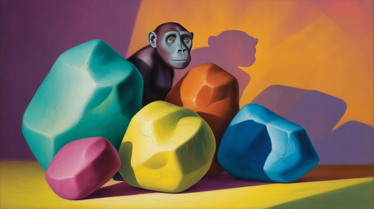 Hyper-realistic painting of a monkey and geometric rocks