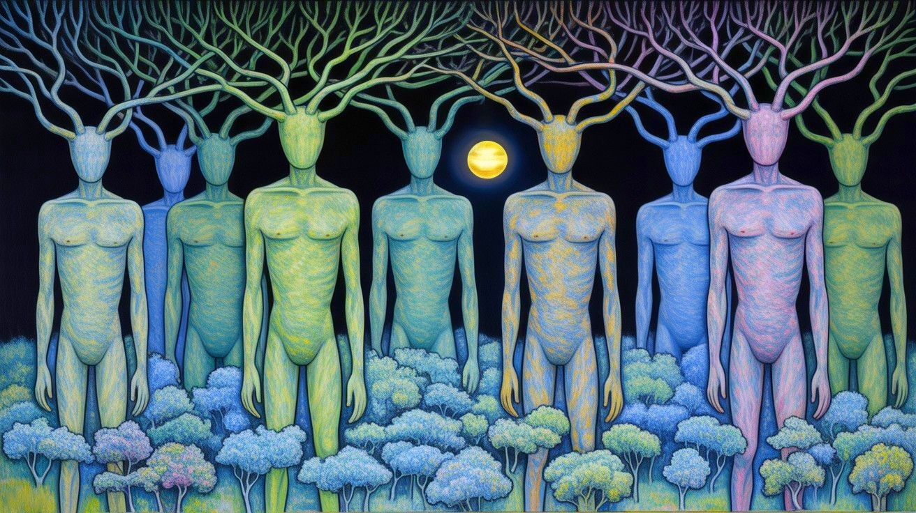 Surreal Landscape with Humanoid Tree Figures and Moon