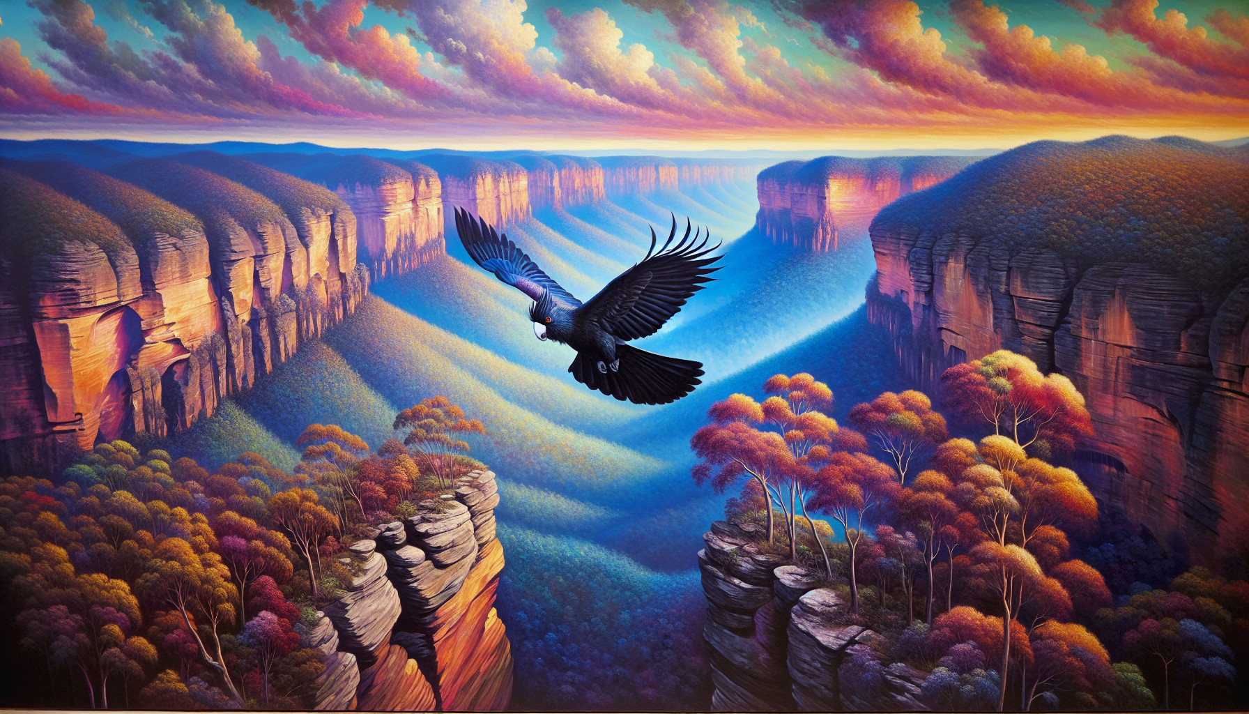 Majestic Black Eagle Over Vibrant Canyons at Sunset