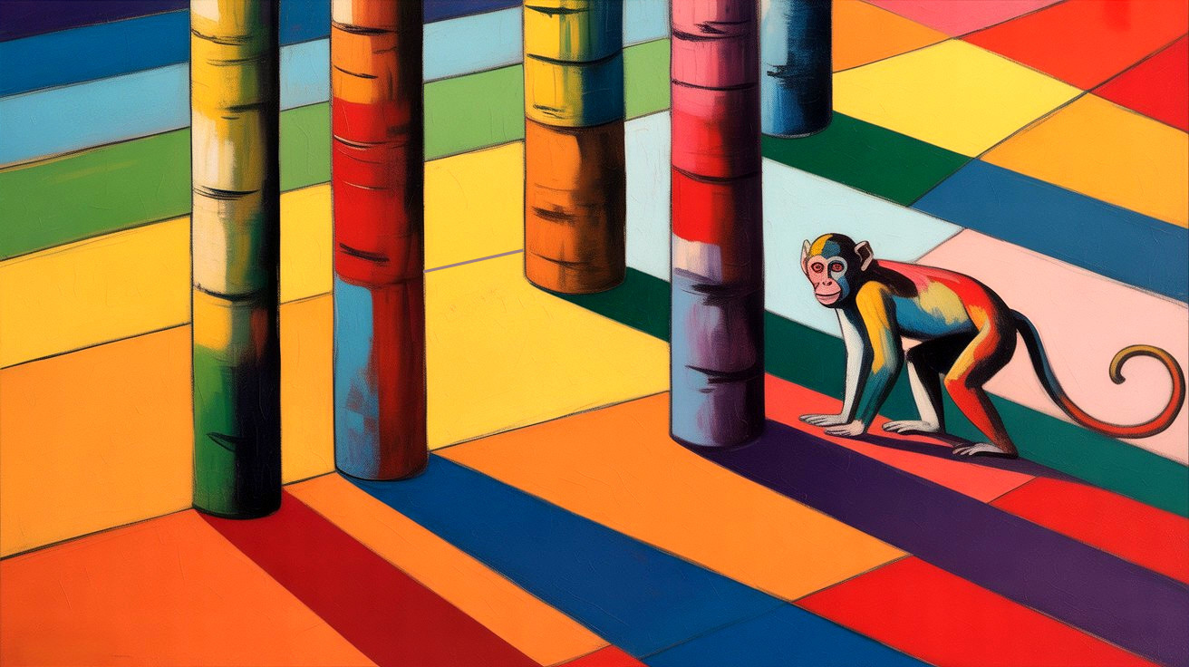 Vibrant Geometric Setting with Playful Monkey and Pillars