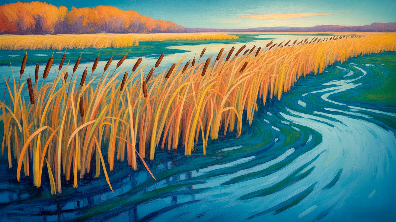 Vibrant landscape of reeds by a winding river
