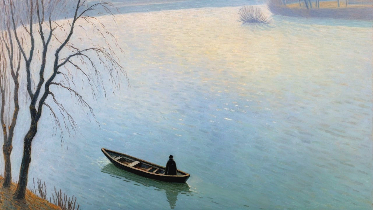 Solitary Figure in a Small Boat on Calm Water