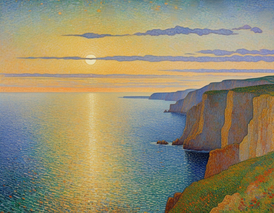 Sunset Reflection on Sea with Cliffs and Clouds