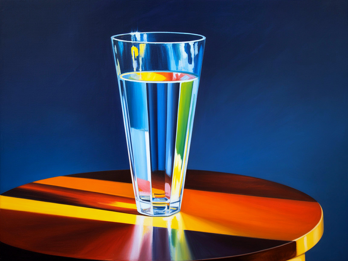 Glass of Water on Round Table with Colorful Reflections