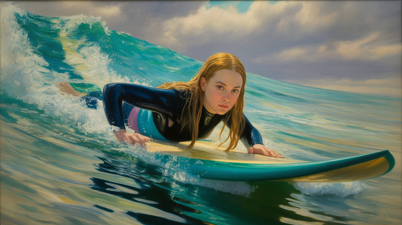 Young girl surfing on a wave in a black wetsuit