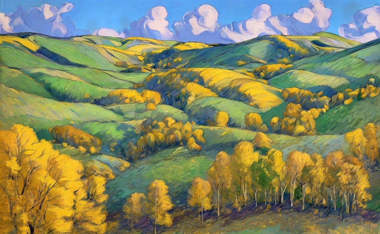 Vibrant Landscape with Rolling Hills and Blue Sky