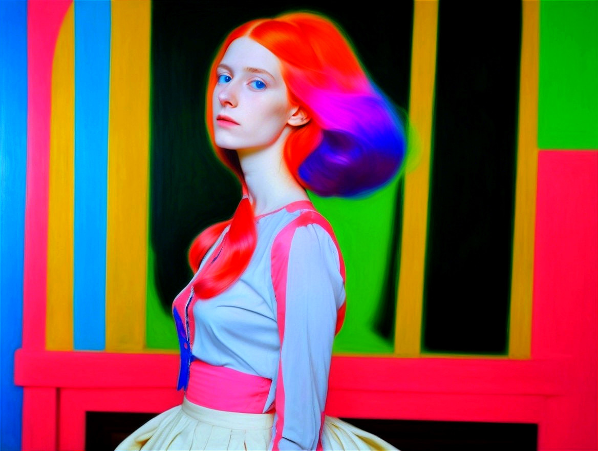 Young Woman with Red Hair Against Colorful Background