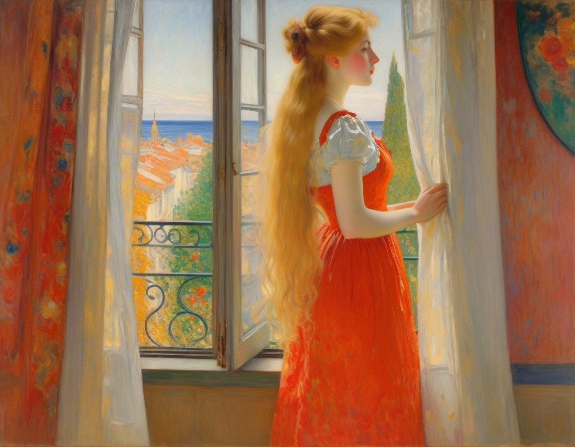 Young Woman in Red Dress by Open Window with Coastal View