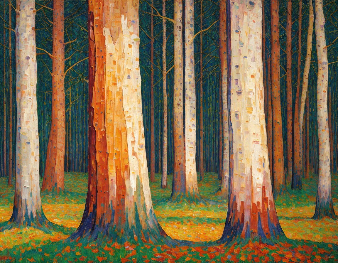 Vibrant Autumn Forest with Textured Trees and Leaves