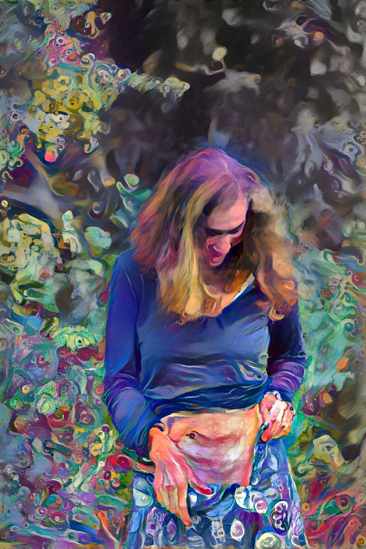 Woman in Blue Top Against Colorful Abstract Background