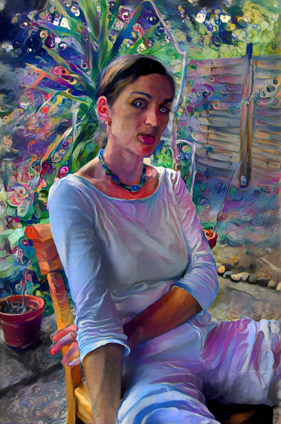 Woman in White Outfit Surrounded by Abstract Colors