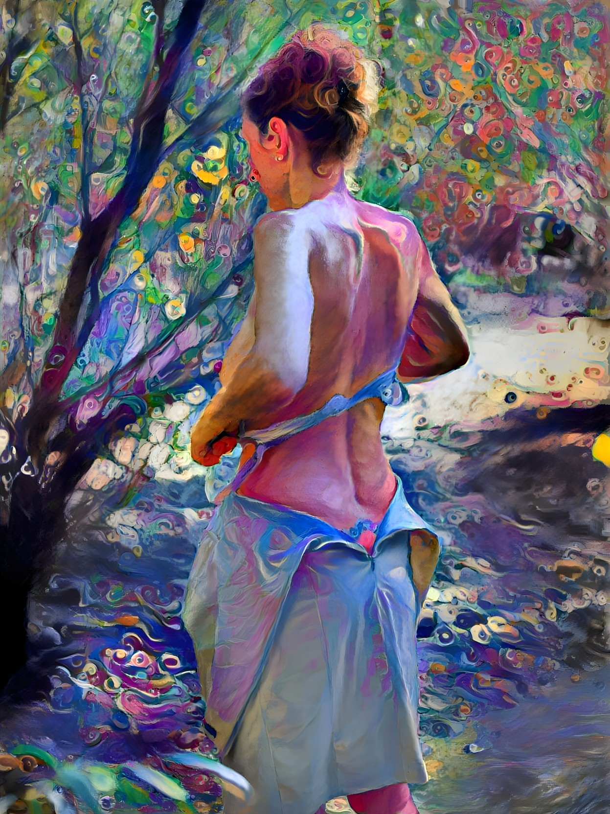 Woman in Nature Adjusting Clothing Amidst Greenery