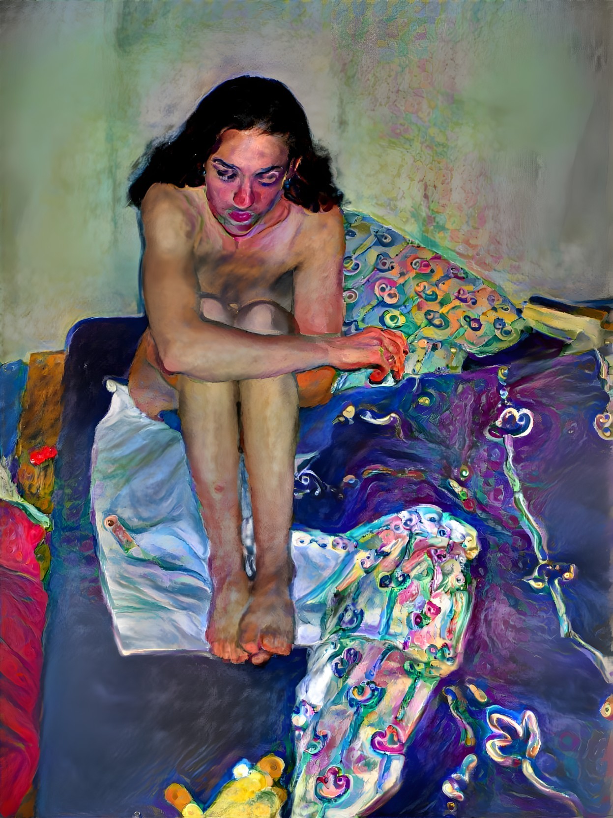 Young woman in introspective moment on a bed
