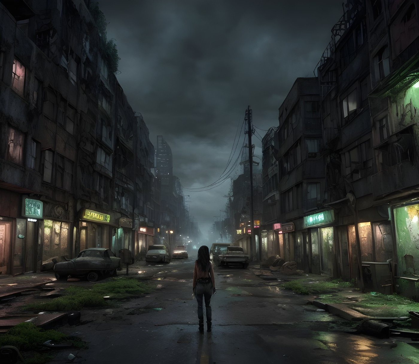 Person in foggy urban street at night with derelict buildings and abandoned cars