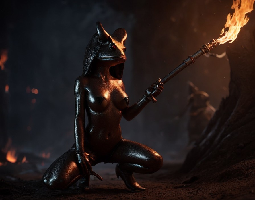 Animal-headed humanoid with flaming staff in dark cave pose