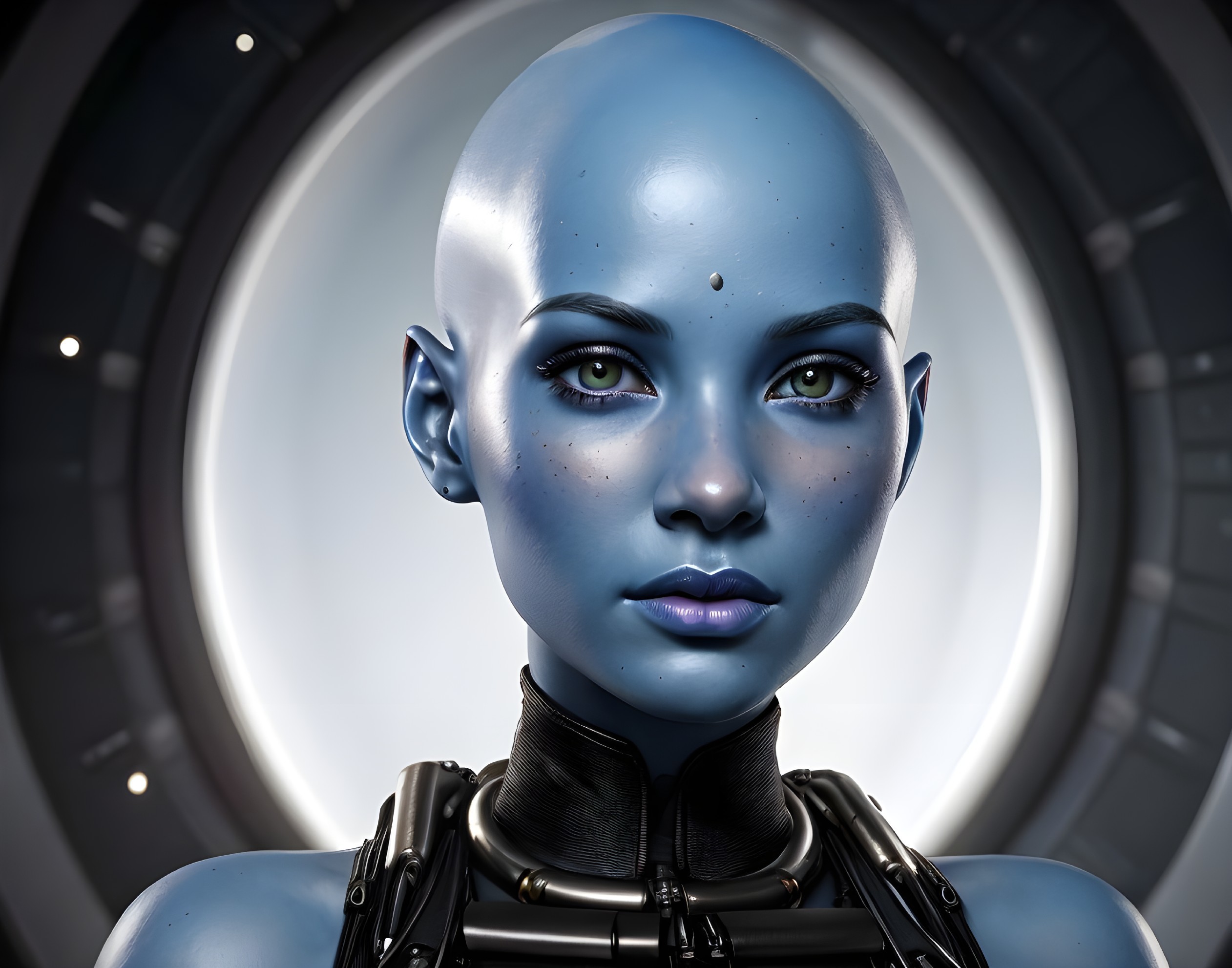 Female android with blue skin and futuristic ear enhancements on metallic background.