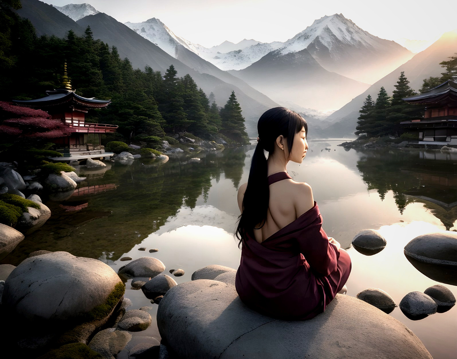 Woman in red garment by tranquil mountain lake at sunrise