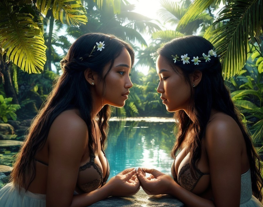 Two women with flowers in hair by tranquil water amid lush greenery